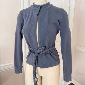 Gray Open Front Cardigan with Braided Belt